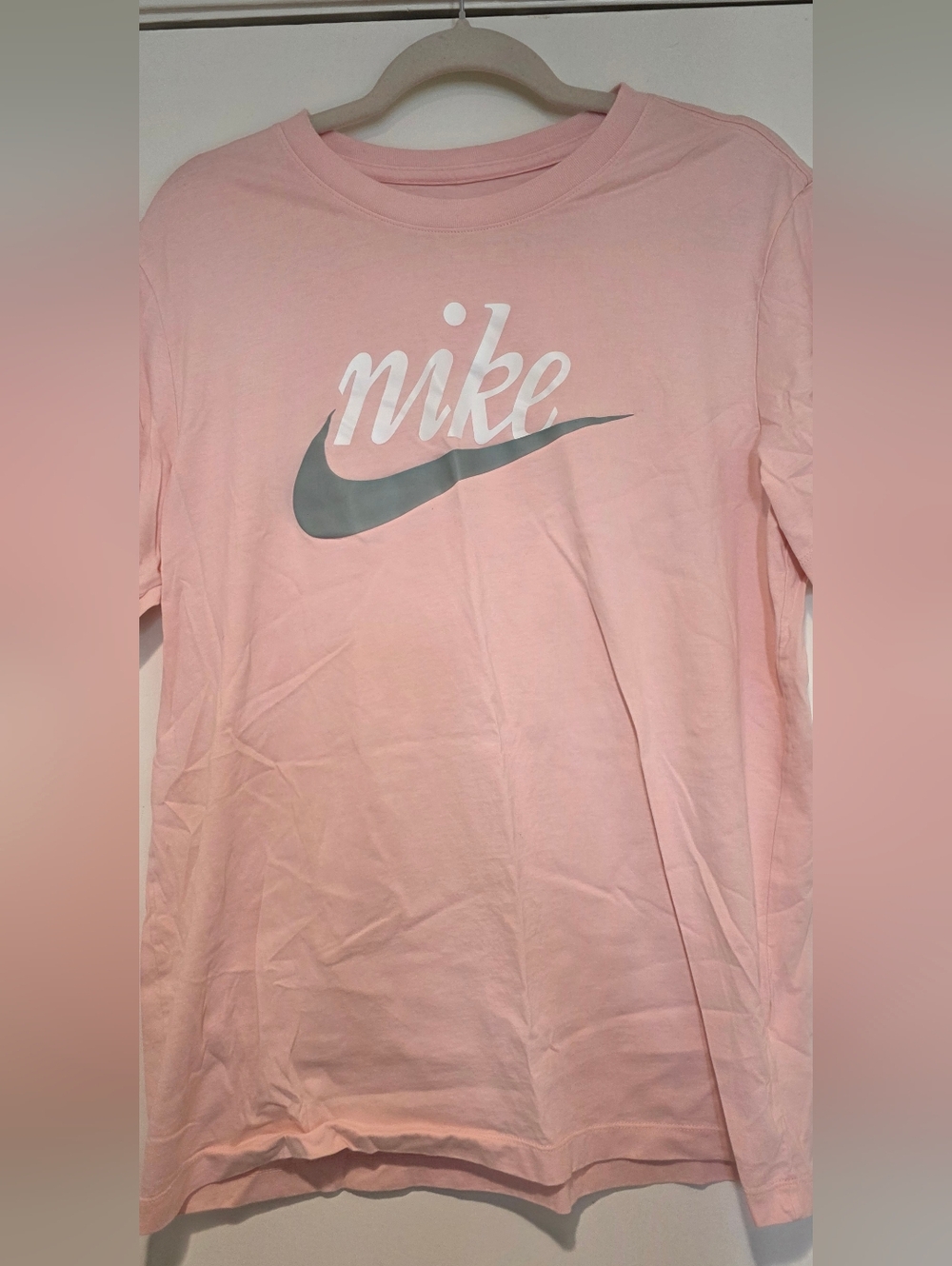 Mens Nike Pale Pink Long Sleeve Logo Tee with Gray Swoosh Sz Large